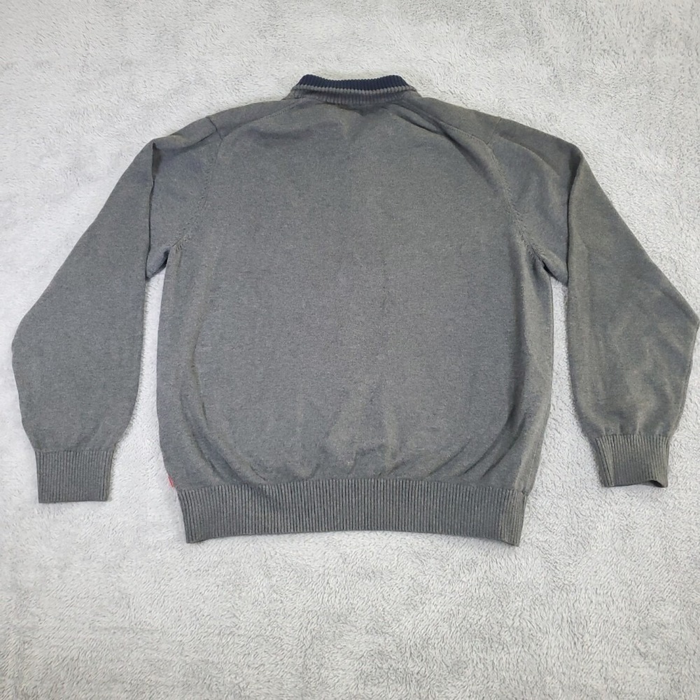 IZOD Mens XL Gray Quarter Button Mock Neck Sweater Navy Trim Preppy Grandpacore - Picture 2 of 14